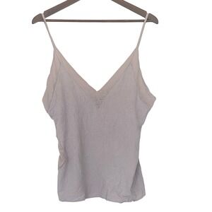 Zara V-Neck Cami Tank Top L Taupe Textured Mixed Media Adjustable Strap Sheer